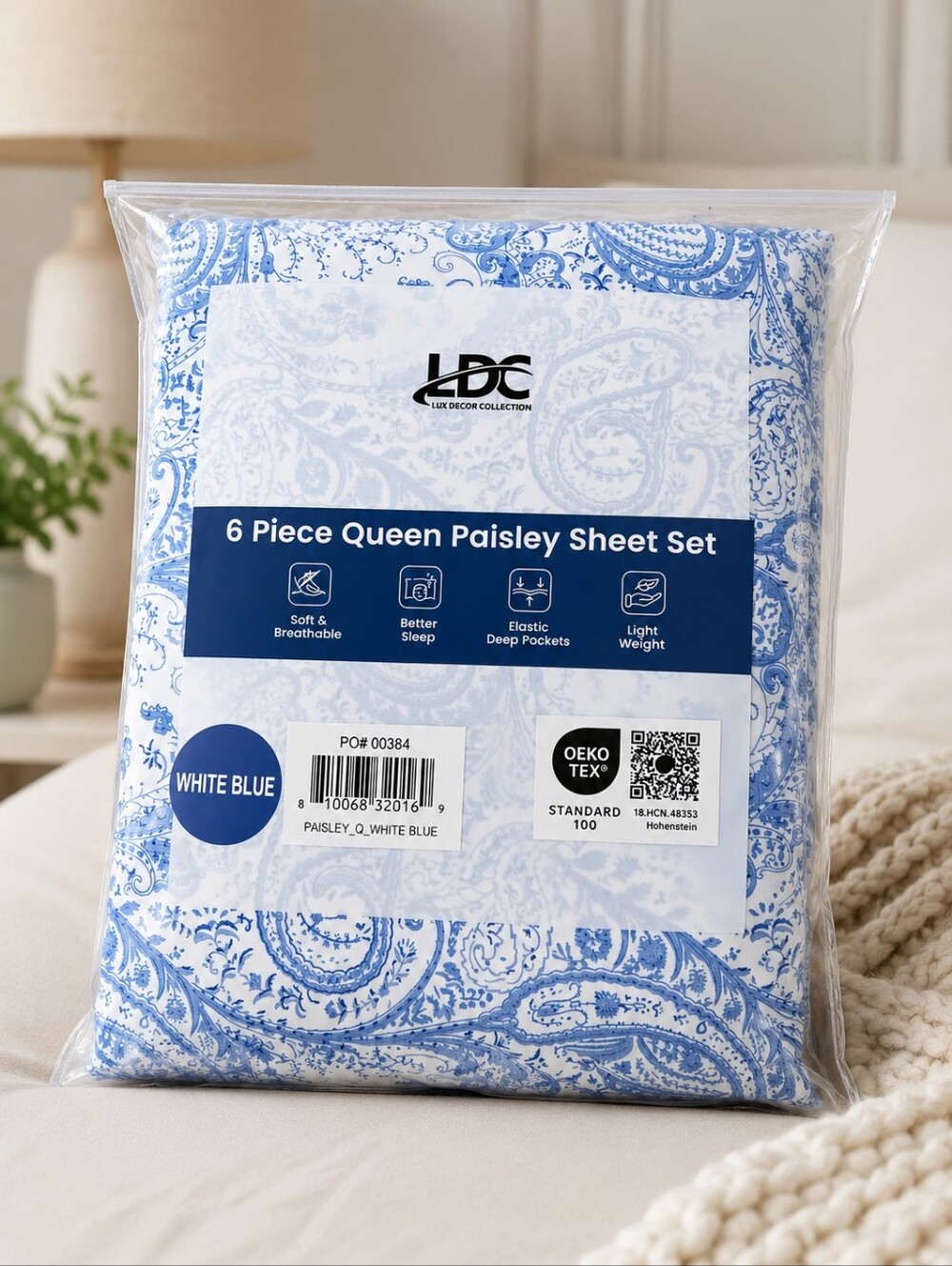DC White and Blue Paisley 6-Piece Queen Sheet Set